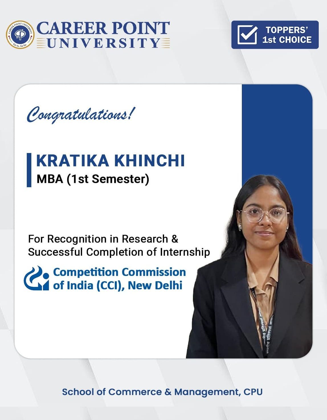 Proud Moment for CPU: MBA 1st Sem Student Kratika Khinchi Honored by CCI